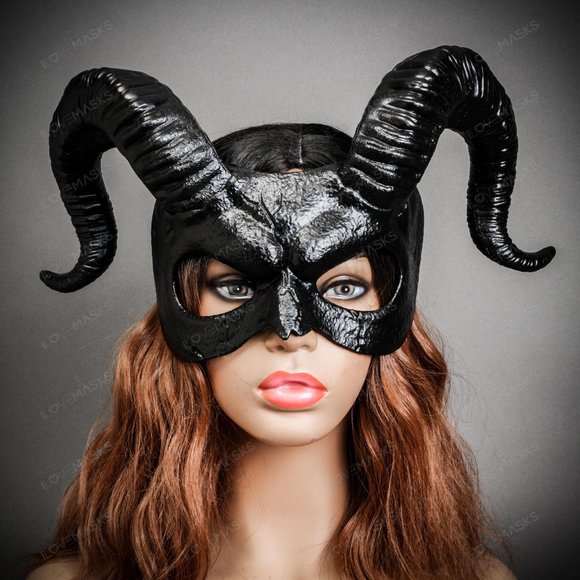 Black Demon Devil with Back Twisted Ram Horns Masquerade Cosplay Party Eye Mask - Picture 5 of 6